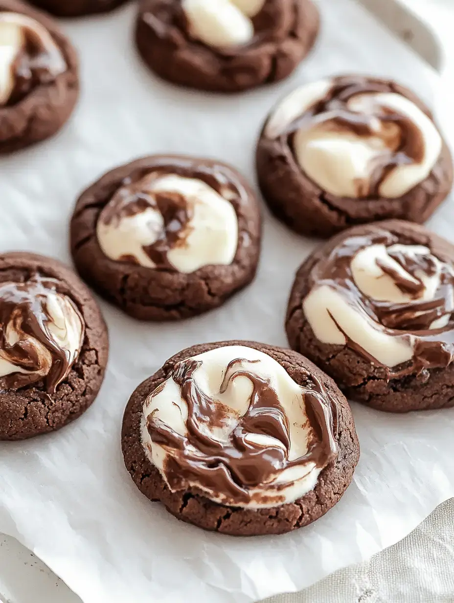 A close-up of freshly baked chocolate cookies swirled with cream and chocolate ganache on top, arranged on parchment paper.