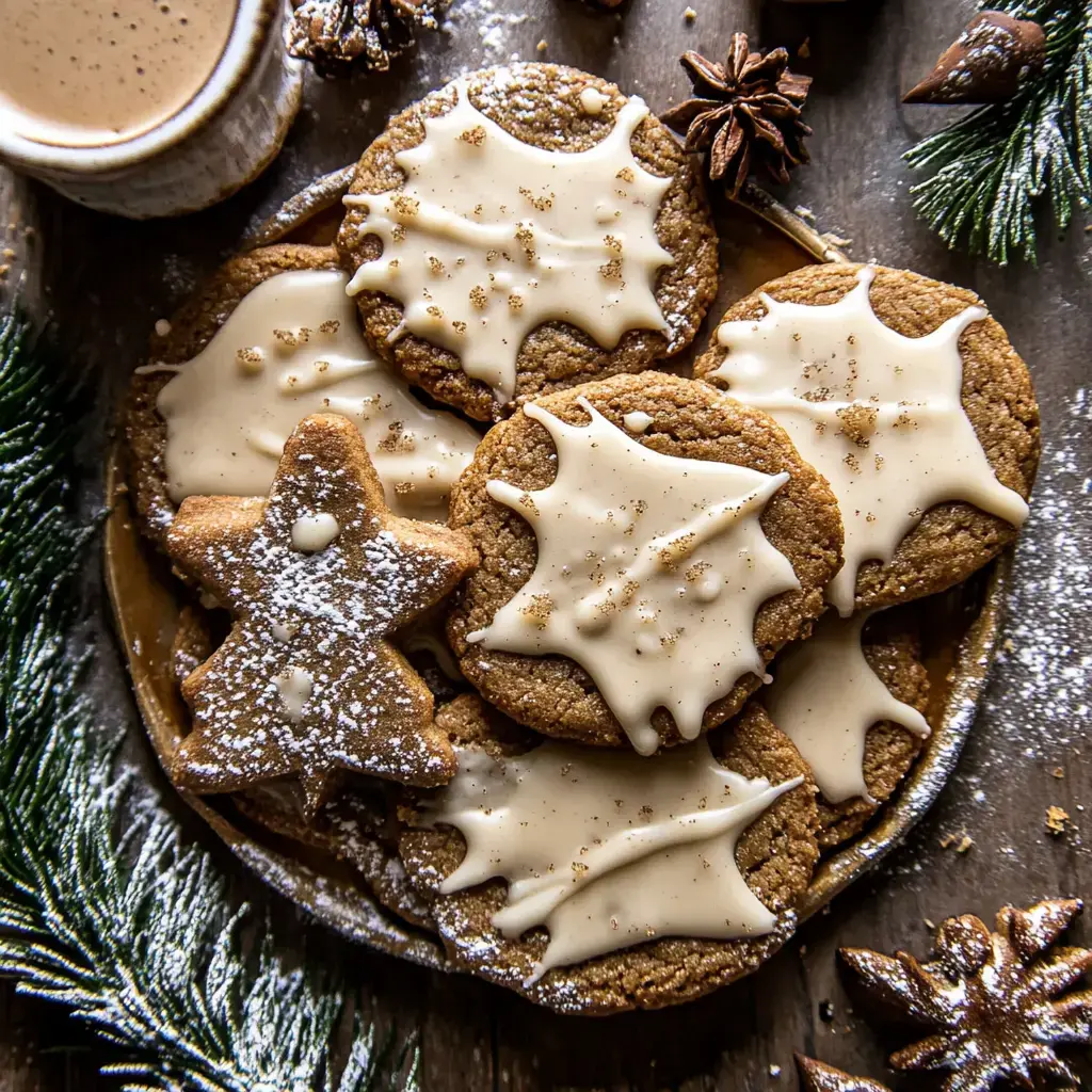 A plate of festive cookies decorated with white icing sits alongside a cup of beverage and decorative holiday elements.