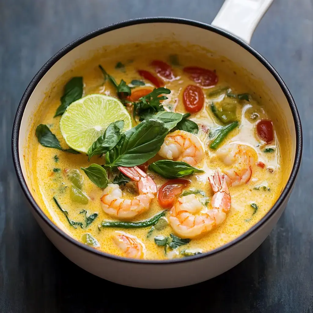 A bowl of creamy shrimp soup garnished with fresh basil, lime, and diced tomatoes.