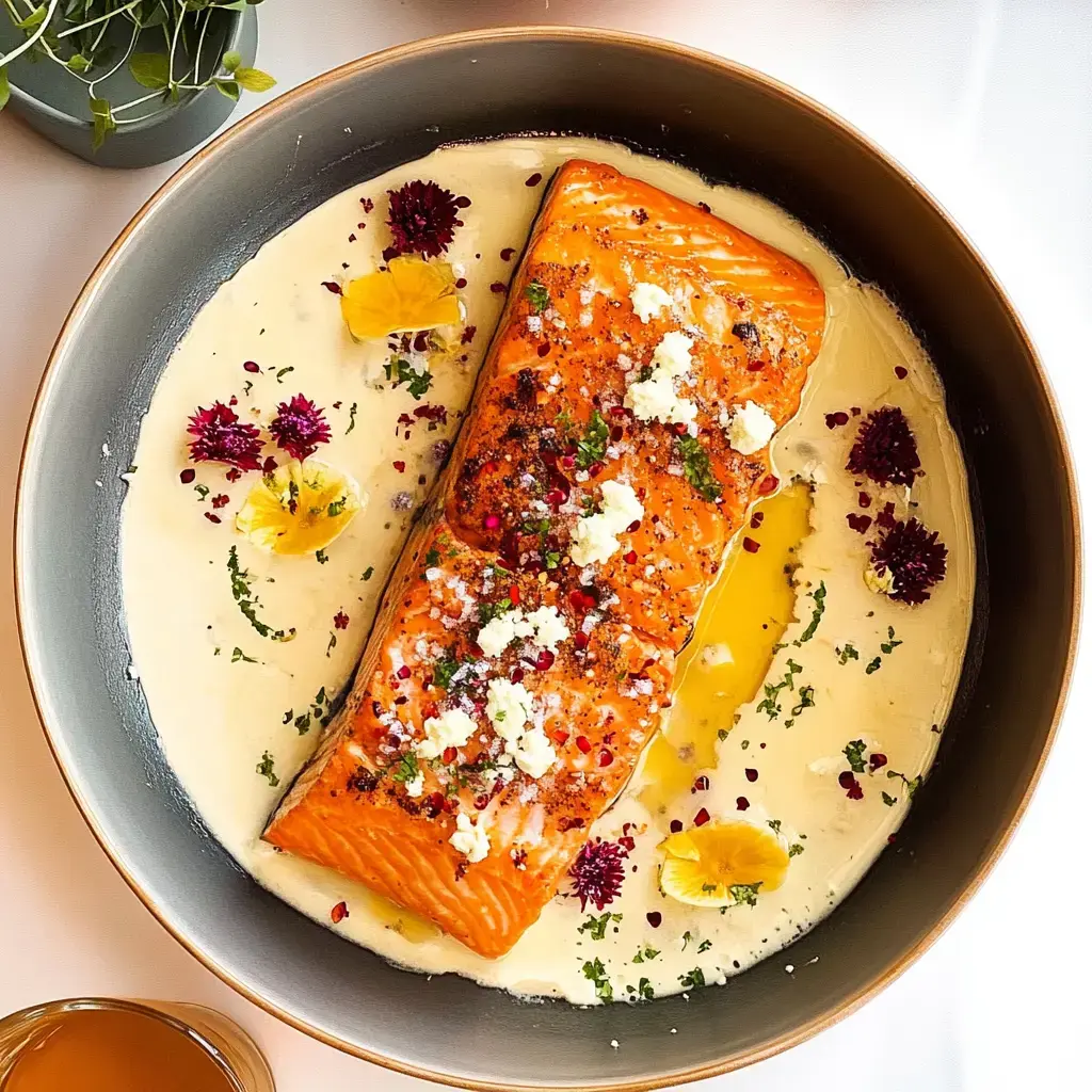 A beautifully plated salmon fillet drizzled with sauce and garnished with edible flowers, herbs, and spices.