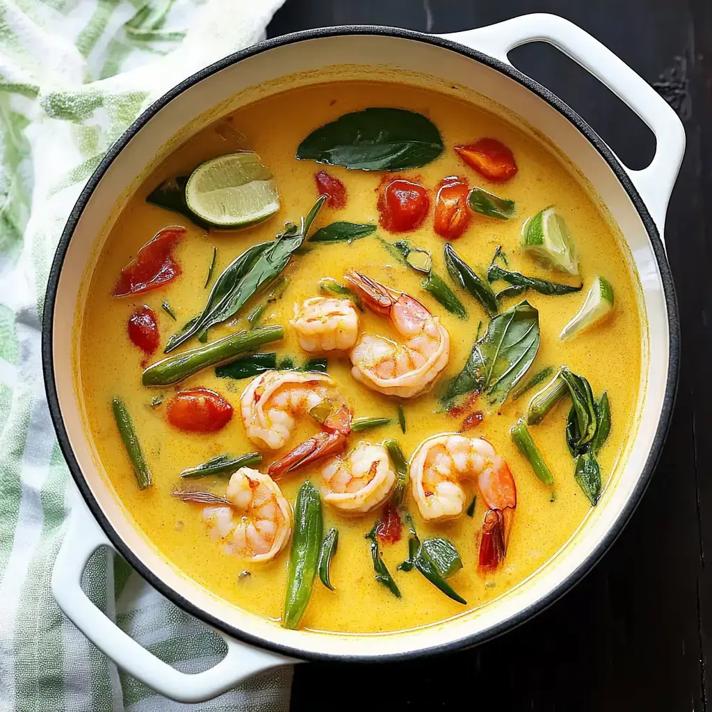 A vibrant shrimp curry with coconut milk, green beans, cherry tomatoes, and fresh basil, served in a white pot.