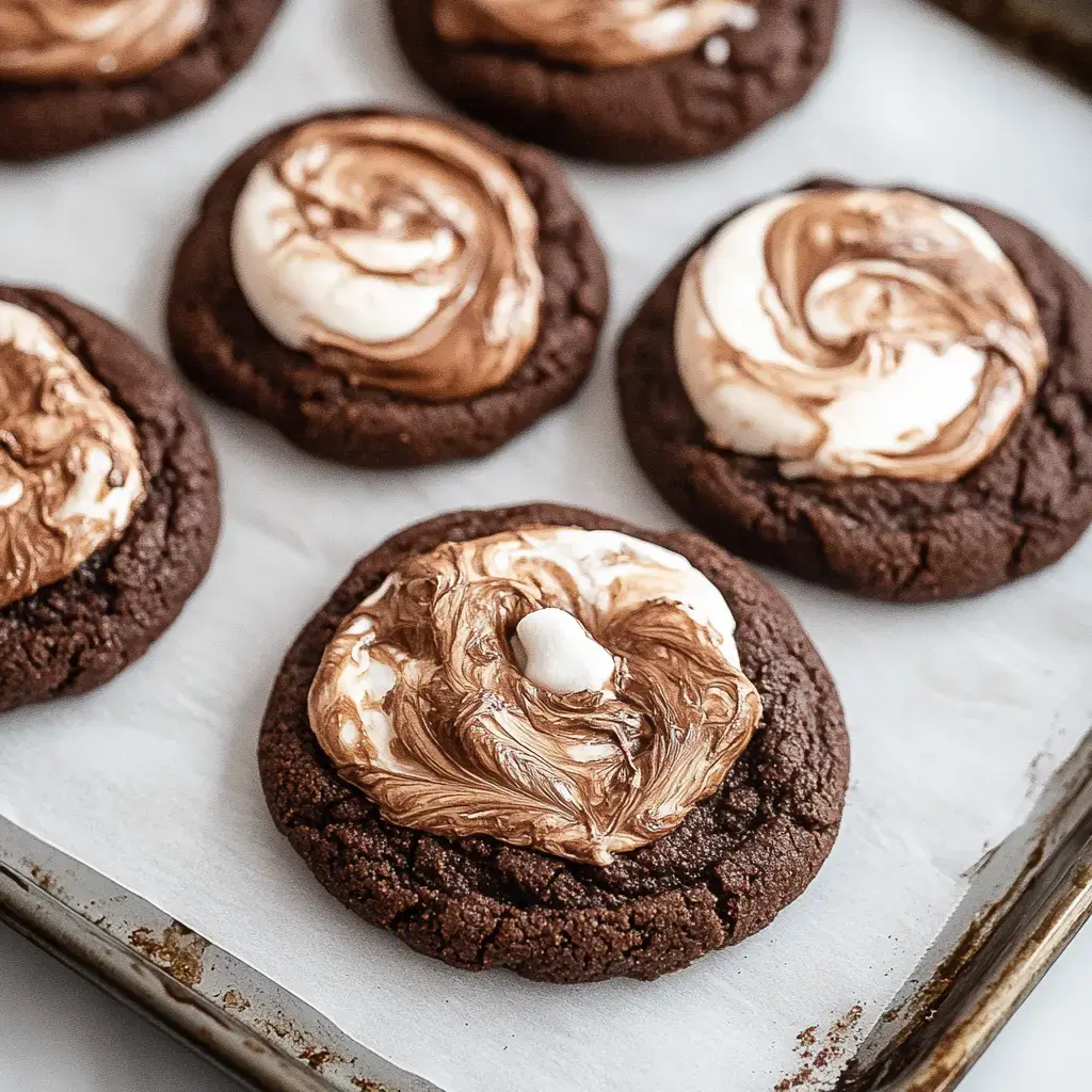 A close-up of freshly baked chocolate cookies topped with swirled chocolate and marshmallow frosting on a baking tray.