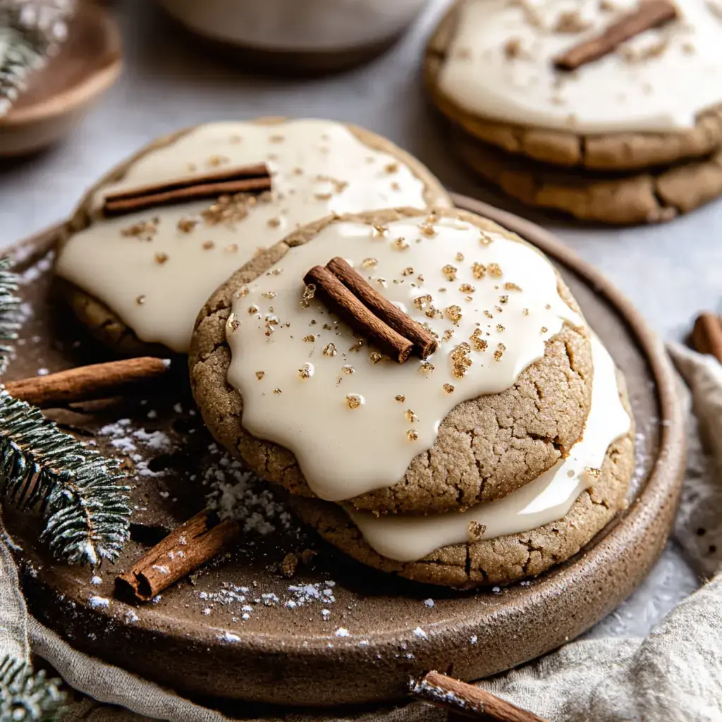 A plate of large, frosted cookies topped with cinnamon sticks and sugar crystals, surrounded by rustic, seasonal decor.