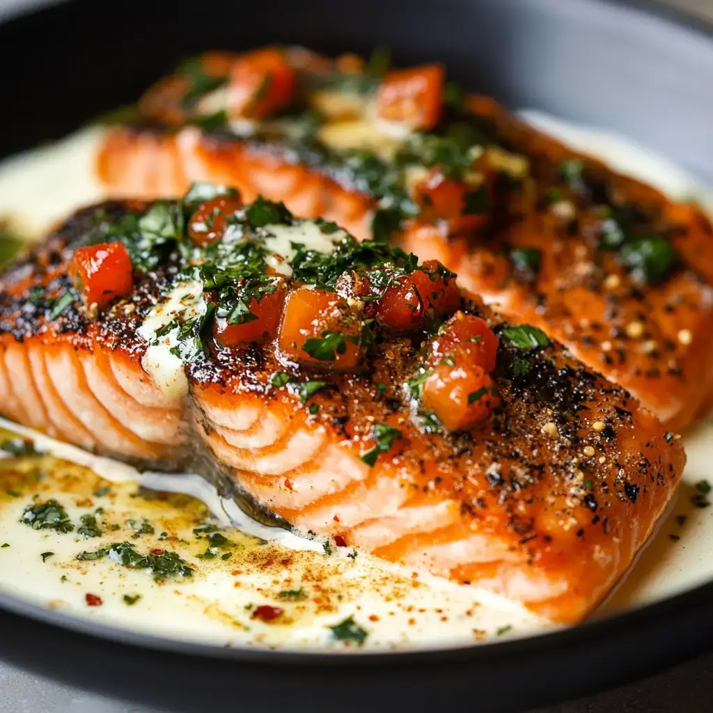 A close-up of two pieces of grilled salmon topped with diced tomatoes, parsley, and a creamy sauce, served on a plate.