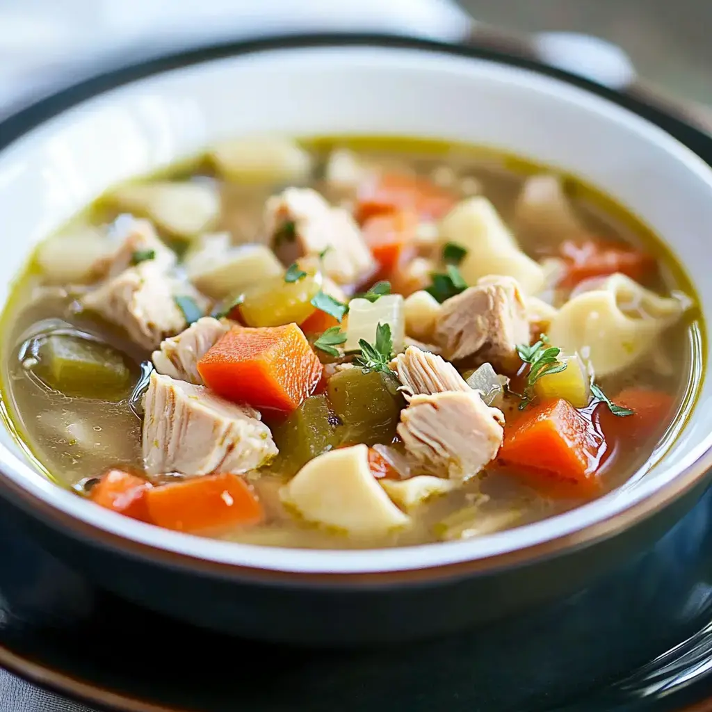 A bowl of chicken soup filled with chunks of chicken, carrots, celery, and pasta in a savory broth.