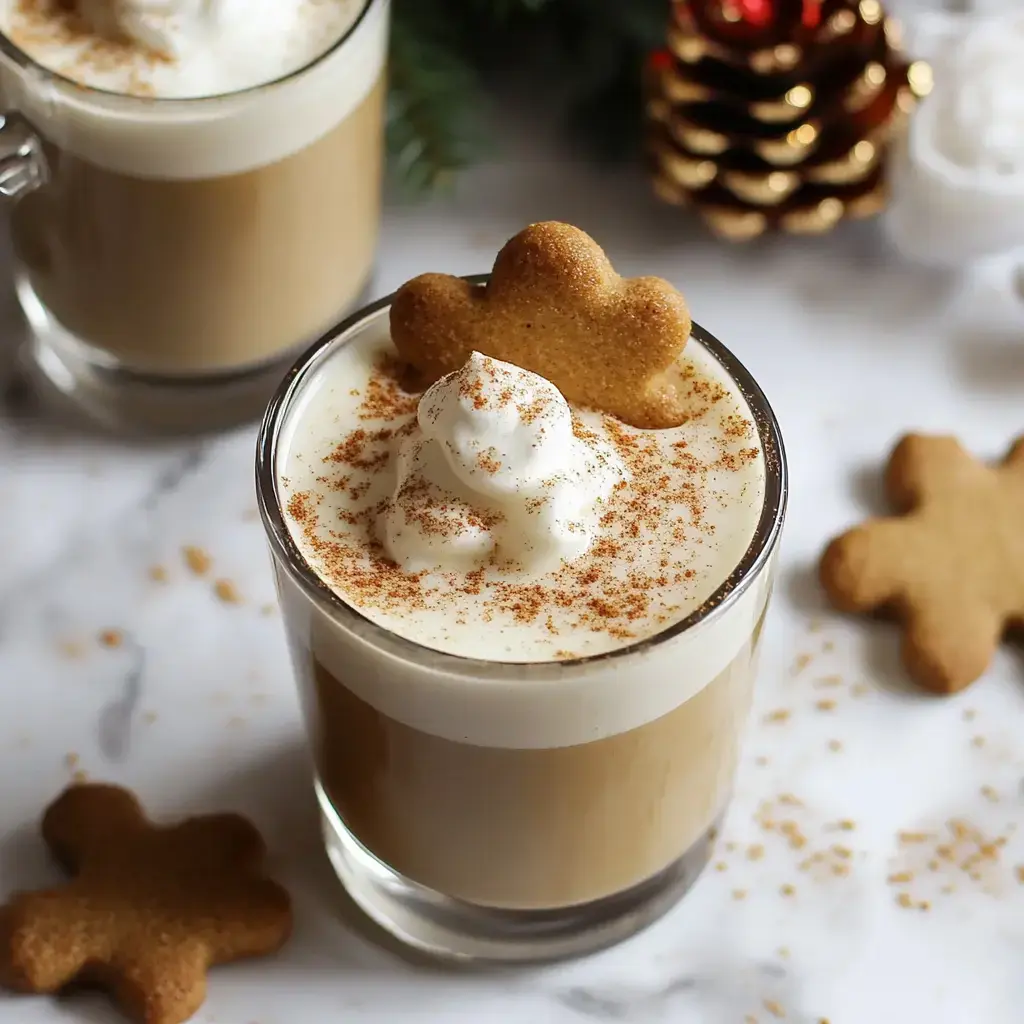 A festive glass of layered coffee topped with whipped cream, a dusting of cinnamon, and a gingerbread cookie, with additional cookies and holiday decorations in the background.