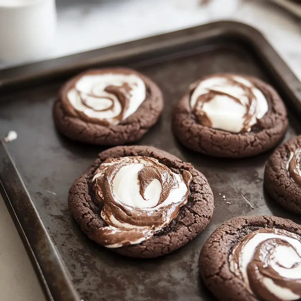 A tray of freshly baked chocolate cookies topped with swirls of white and brown frosting.