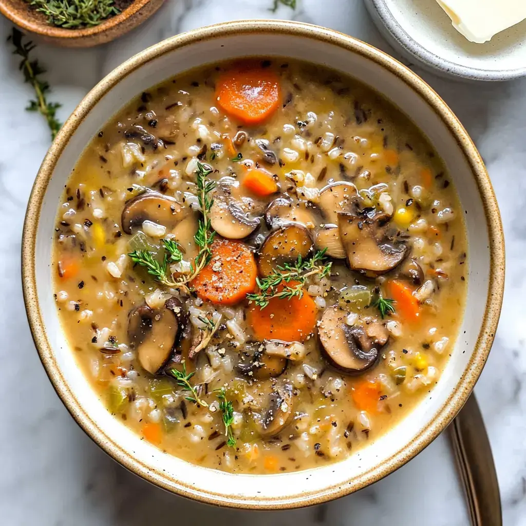 A creamy bowl of mushroom and vegetable soup with rice, garnished with fresh thyme.