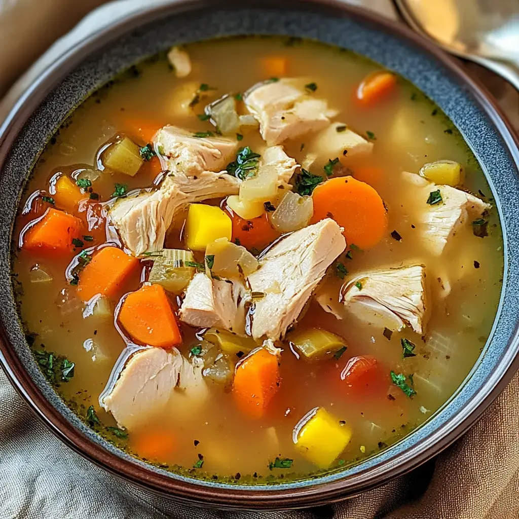 A bowl of hearty chicken soup filled with chunks of chicken, carrots, celery, and yellow bell pepper in a savory broth.