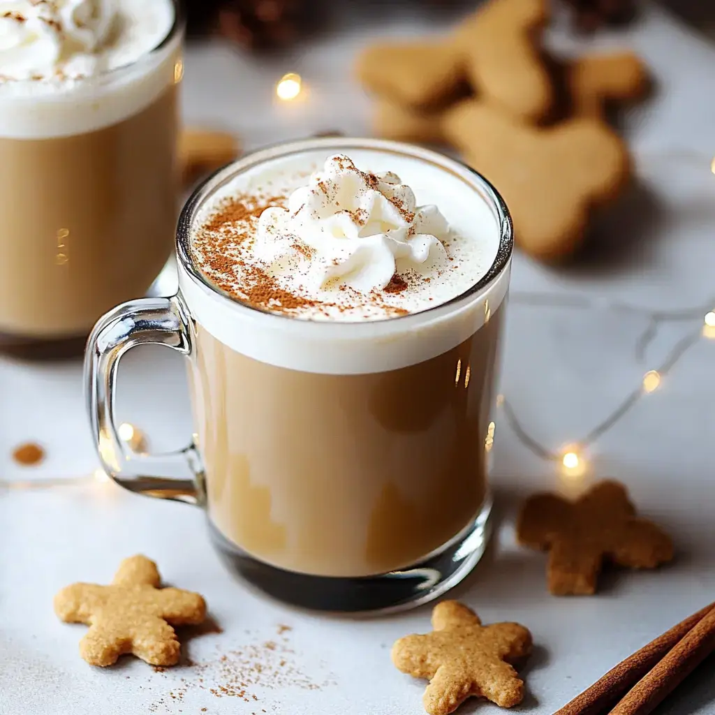 A close-up of a glass mug filled with creamy coffee topped with whipped cream and cinnamon, surrounded by gingerbread cookies and decorative lights.