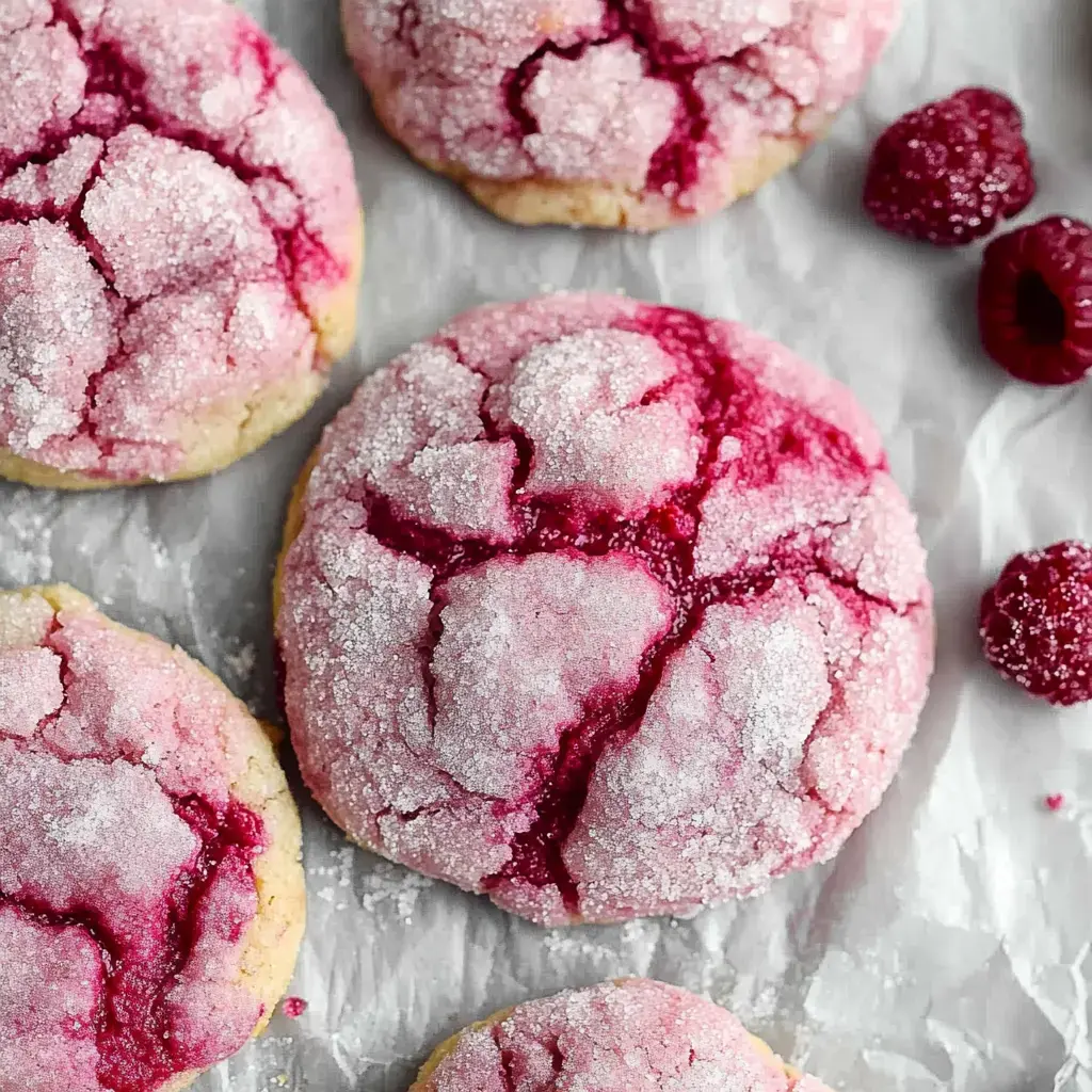 A close-up of pink sugar cookies with a cracked surface, sprinkled with granulated sugar, and accompanied by fresh raspberries on a parchment background.