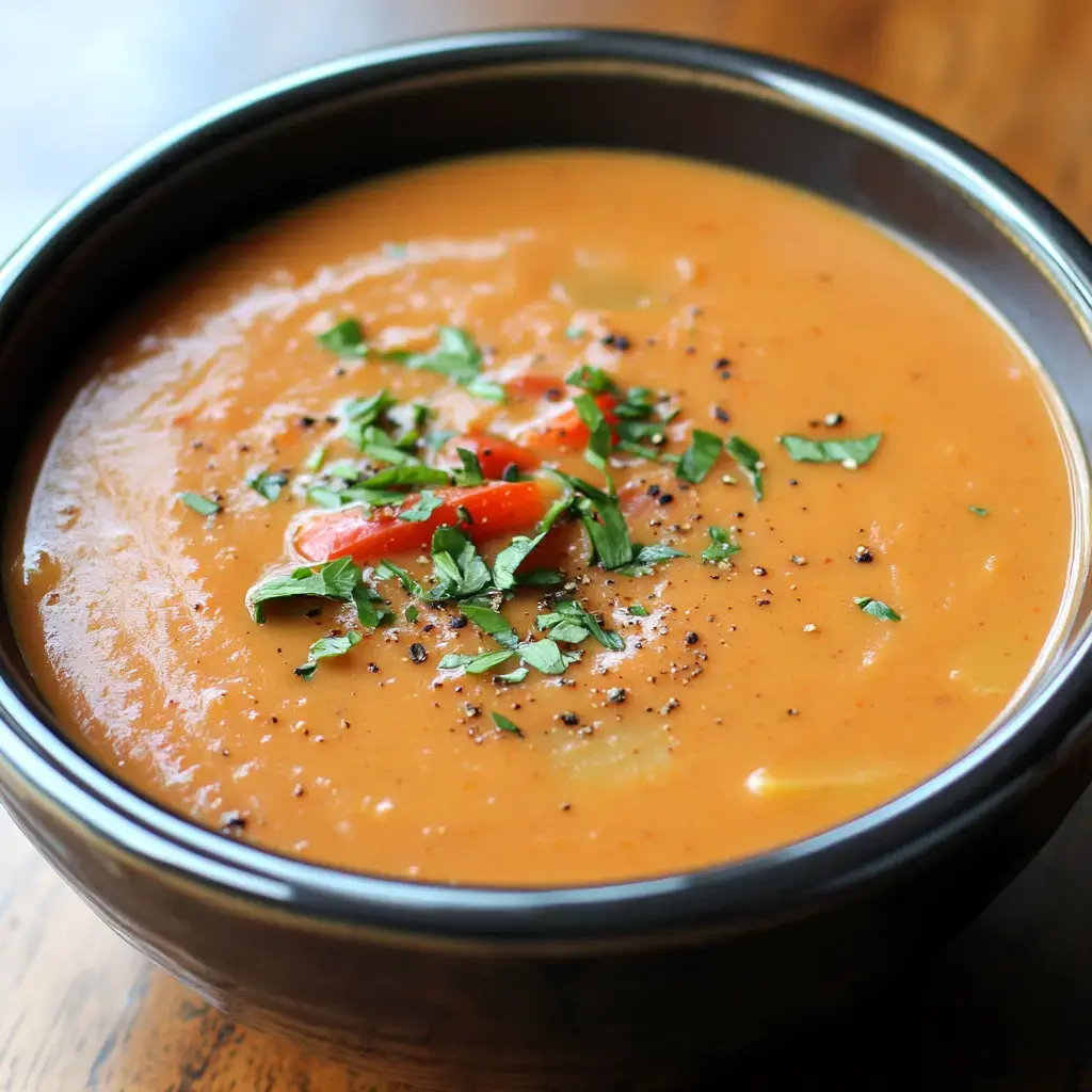 A black bowl filled with creamy orange soup topped with chopped herbs, tomato pieces, and black pepper.