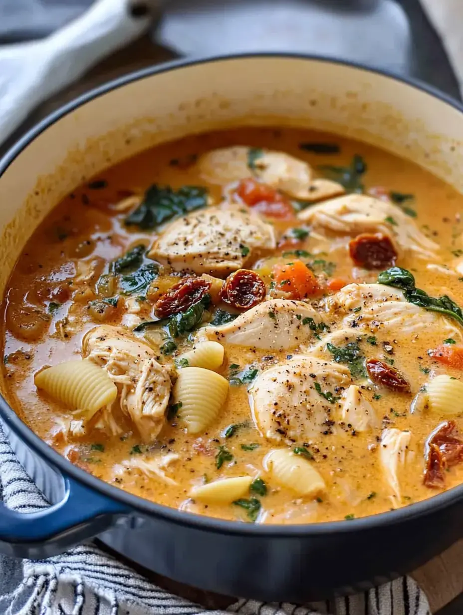 A creamy chicken and pasta soup with spinach and sun-dried tomatoes in a blue pot.