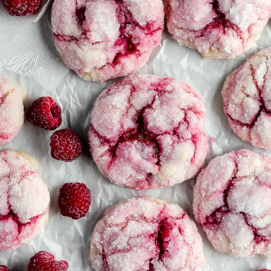 A close-up image of sugar-coated raspberry cookies, with fresh raspberries scattered around, arranged on a light surface.