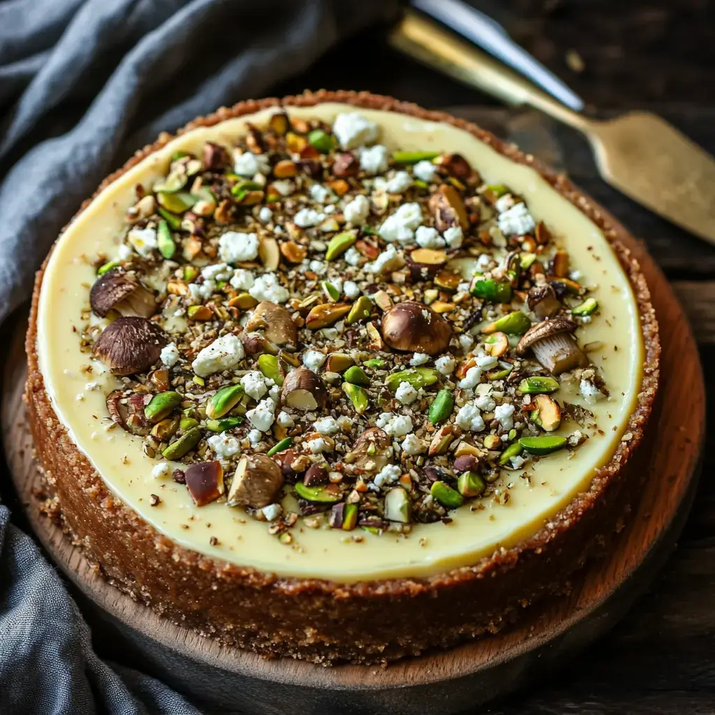 A delicious cheesecake topped with a variety of nuts and crumbled cheese, presented on a wooden serving platter.