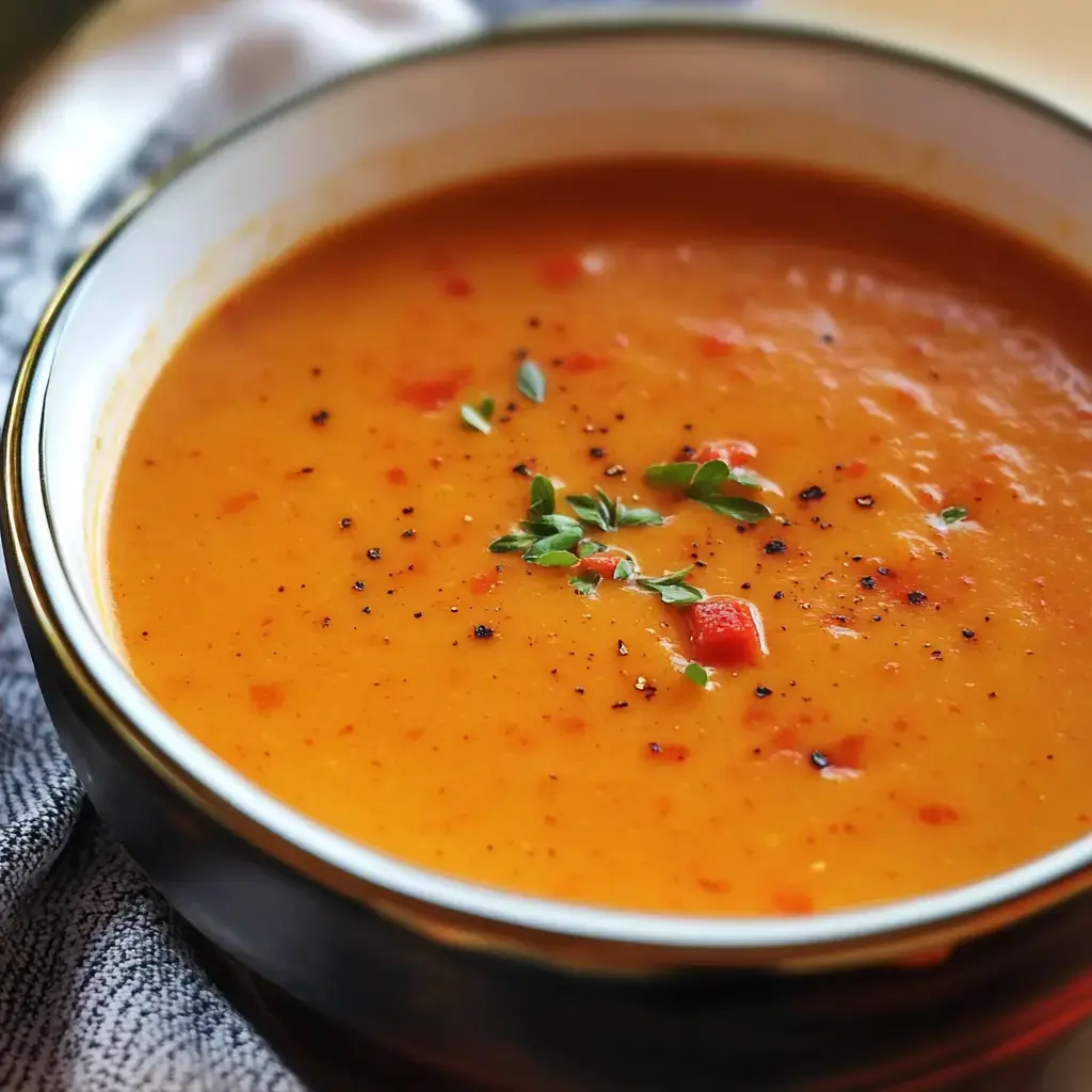 A bowl of smooth orange soup garnished with herbs and pepper flakes.