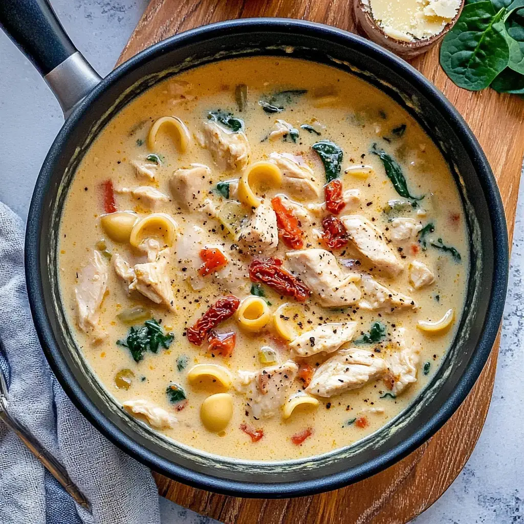 A creamy chicken soup with pasta, spinach, and sun-dried tomatoes, served in a black pot on a wooden cutting board.