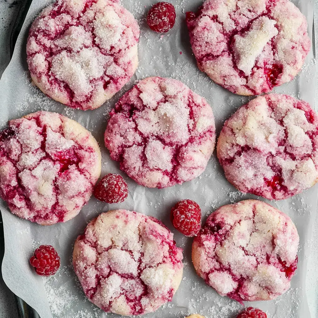 A close-up of freshly baked raspberry cookies sprinkled with sugar, arranged on a parchment-lined surface, with a few whole raspberries scattered around.