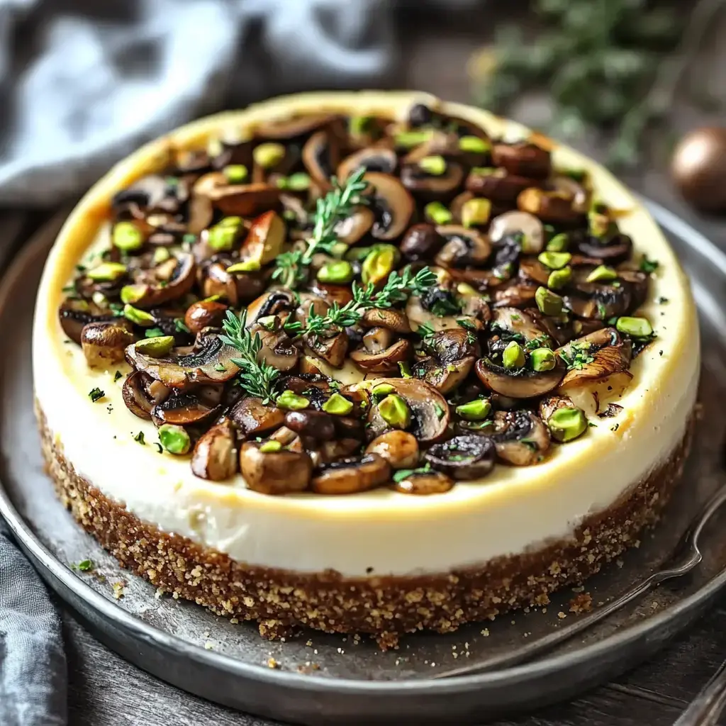 A savory cheesecake topped with sautéed mushrooms, pistachios, and garnished with fresh thyme.