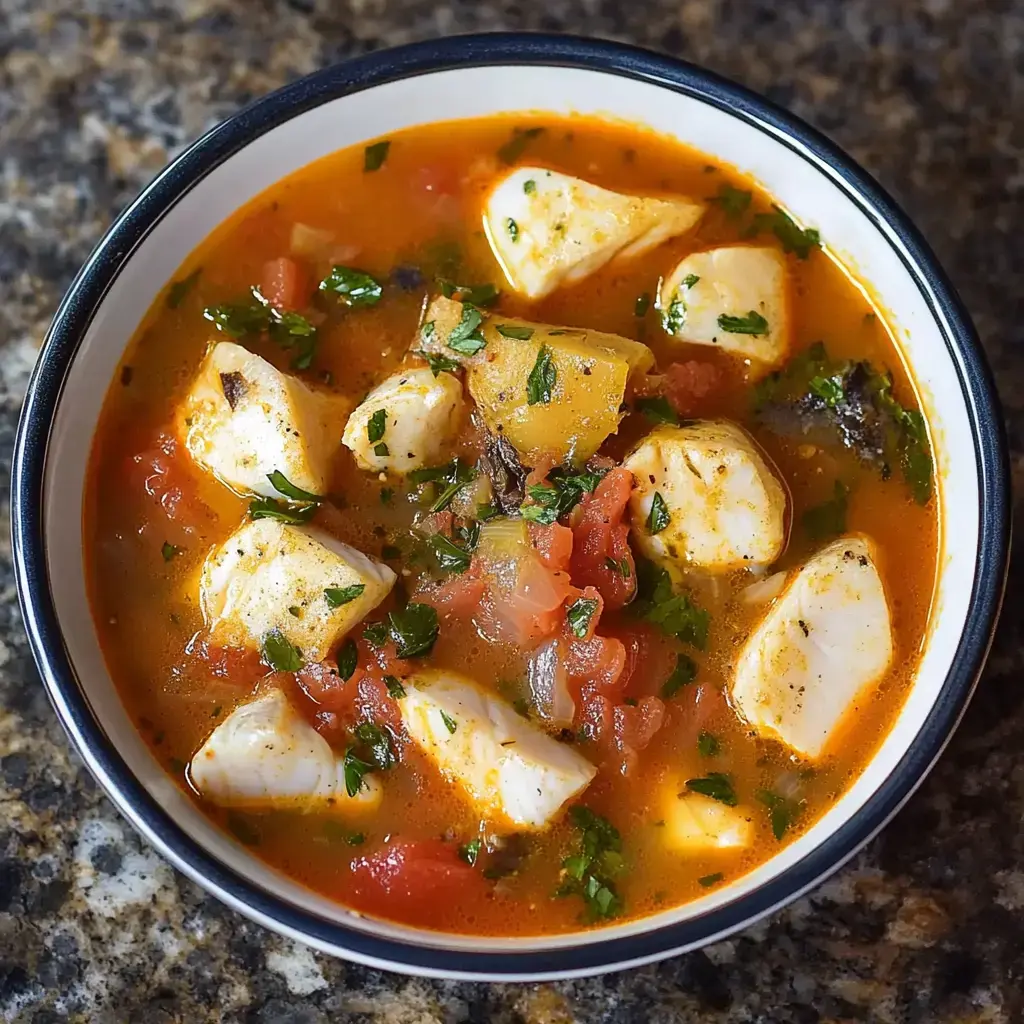 A bowl of soup filled with chunks of white fish, vegetables, and garnished with fresh herbs in a savory broth.