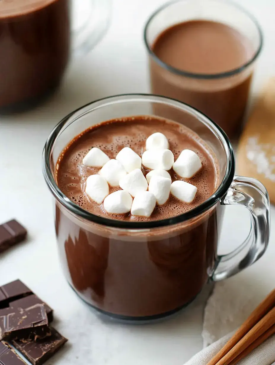 A clear glass mug filled with hot chocolate topped with fluffy marshmallows, accompanied by a glass of chocolate drink and pieces of chocolate on the side.