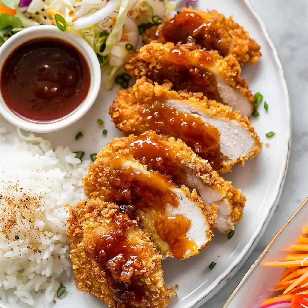 A plate of crispy, breaded chicken slices drizzled with sauce, accompanied by steamed rice, a small bowl of dipping sauce, and a side of coleslaw.