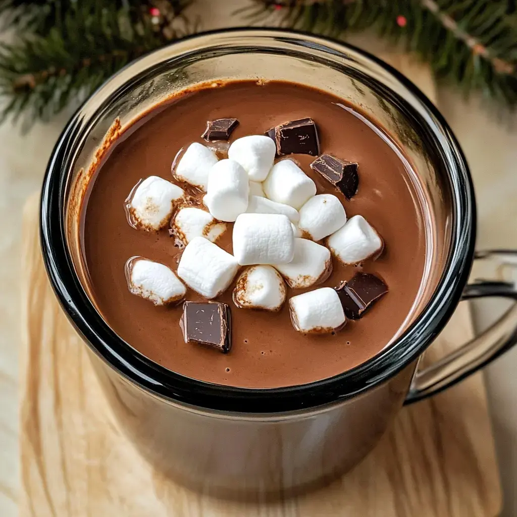 A close-up of a clear mug filled with hot chocolate topped with marshmallows and chocolate chunks, set on a wooden surface with evergreen branches in the background.