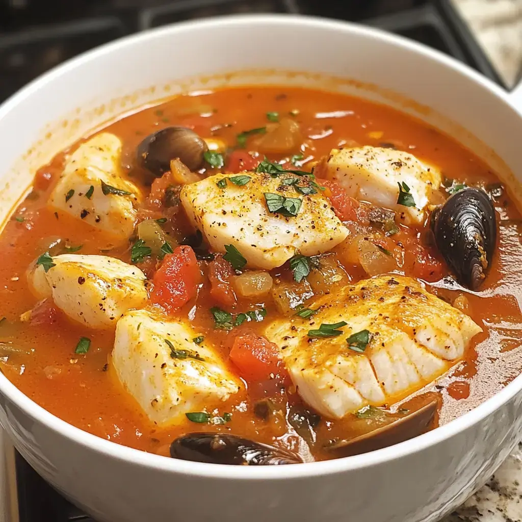 A bowl of flavorful tomato-based stew features pieces of white fish, clams, diced tomatoes, and vegetables, garnished with fresh herbs.