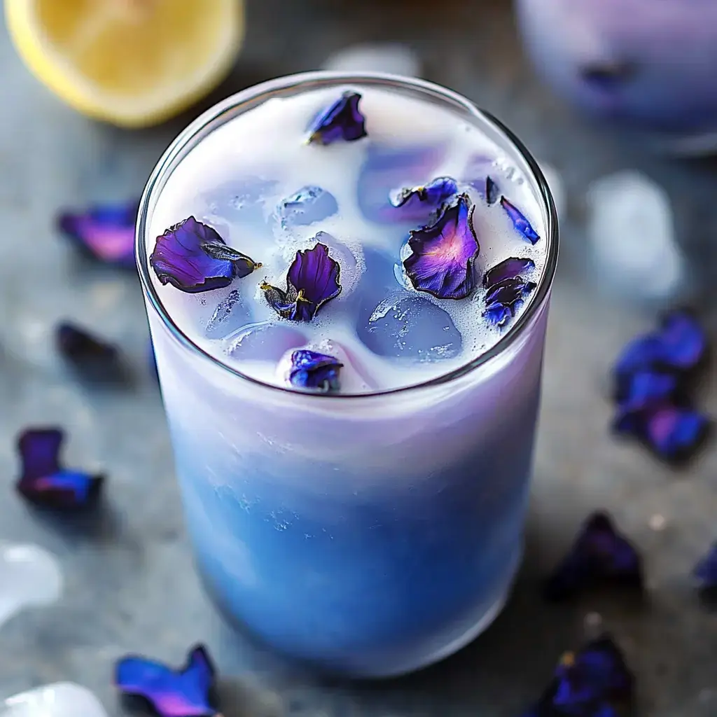 A close-up of a glass filled with a lavender drink, garnished with violet flower petals and surrounded by ice and petal fragments.