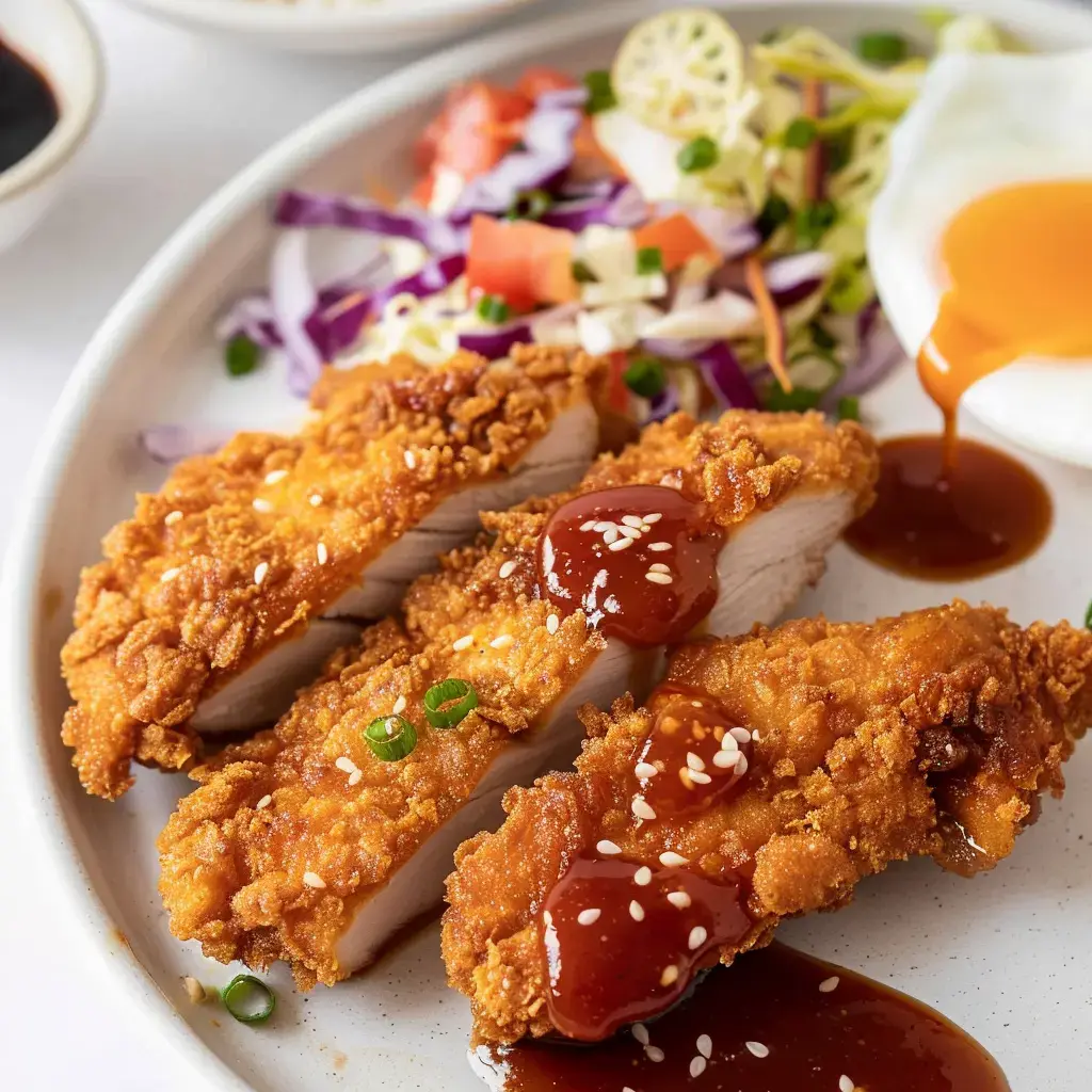 A plate of crispy fried chicken slices topped with sauce and sesame seeds, accompanied by a side salad and a runny egg.