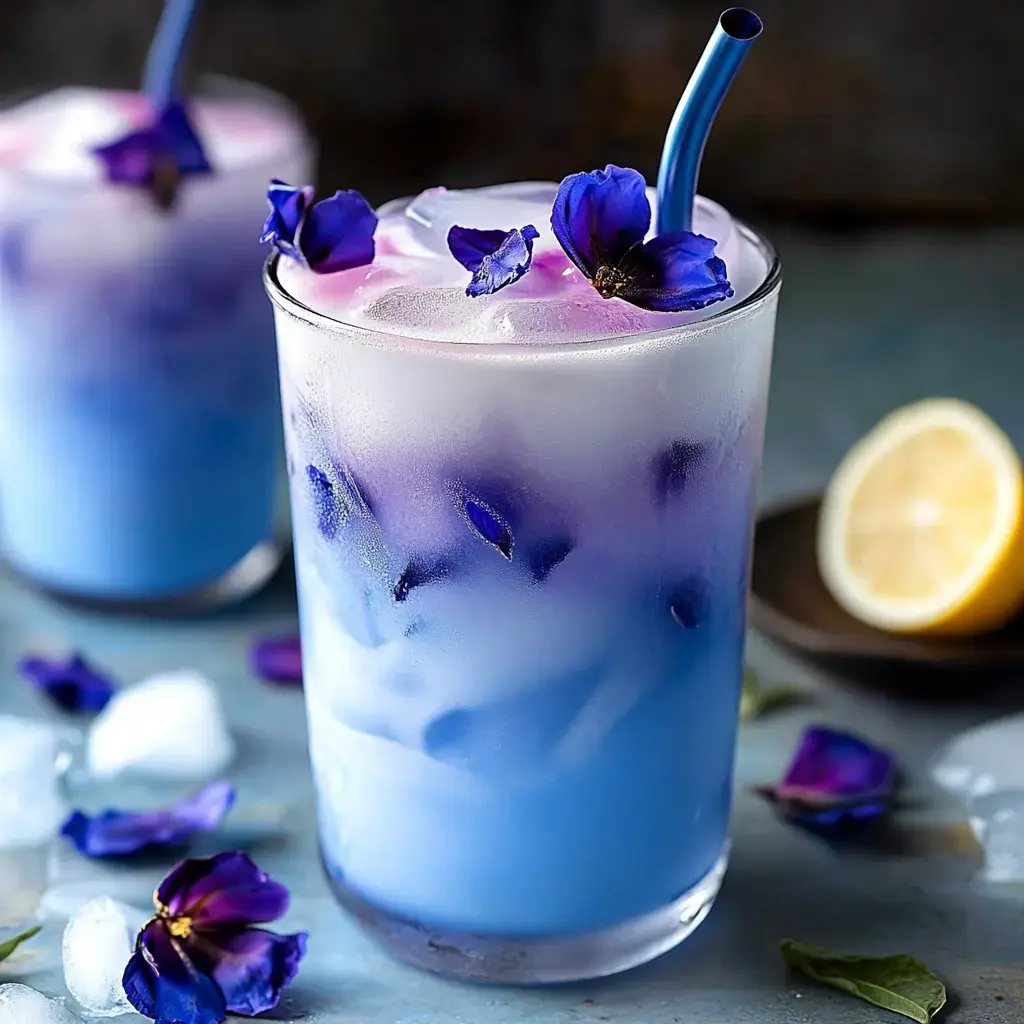 A colorful, layered drink garnished with purple flowers and ice, accompanied by a slice of lemon on a plate.