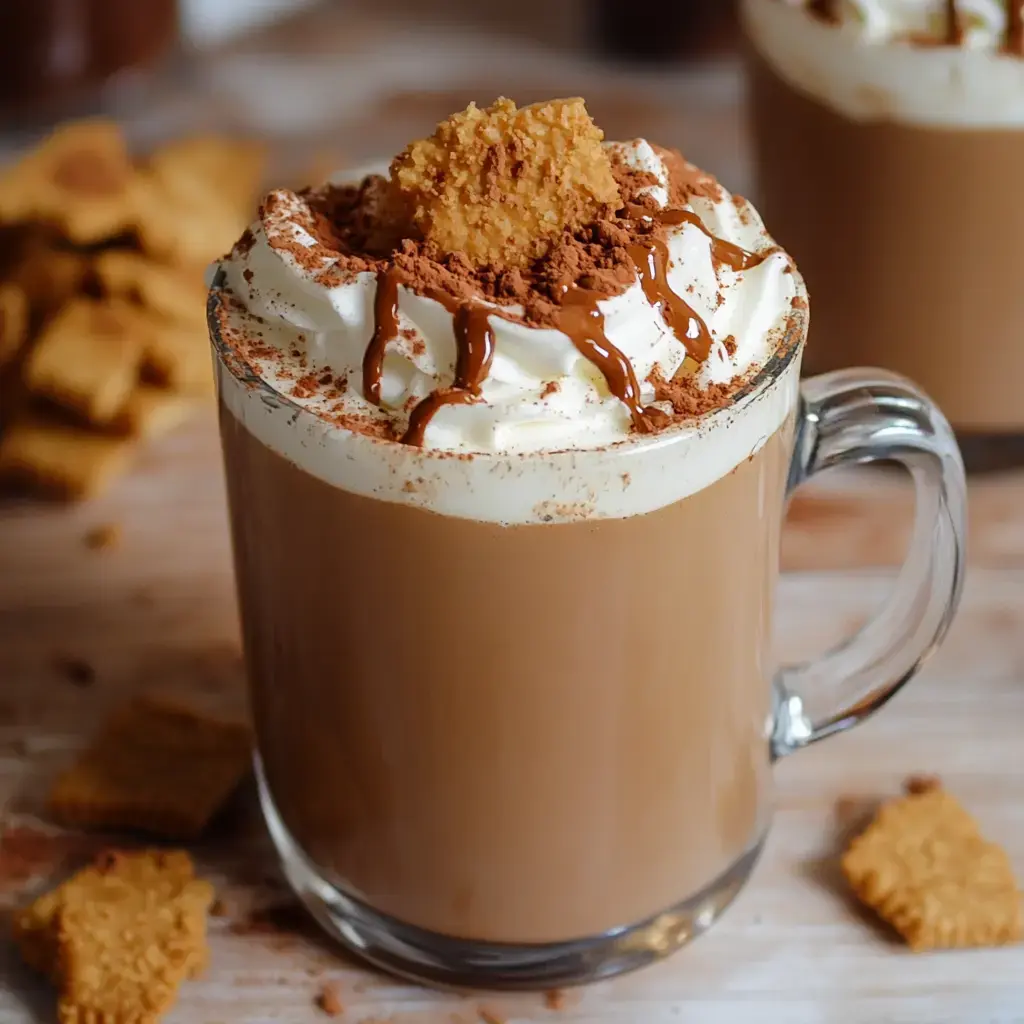 A glass mug of coffee topped with whipped cream, chocolate drizzle, and cookie crumbs, accompanied by cookie pieces in the background.