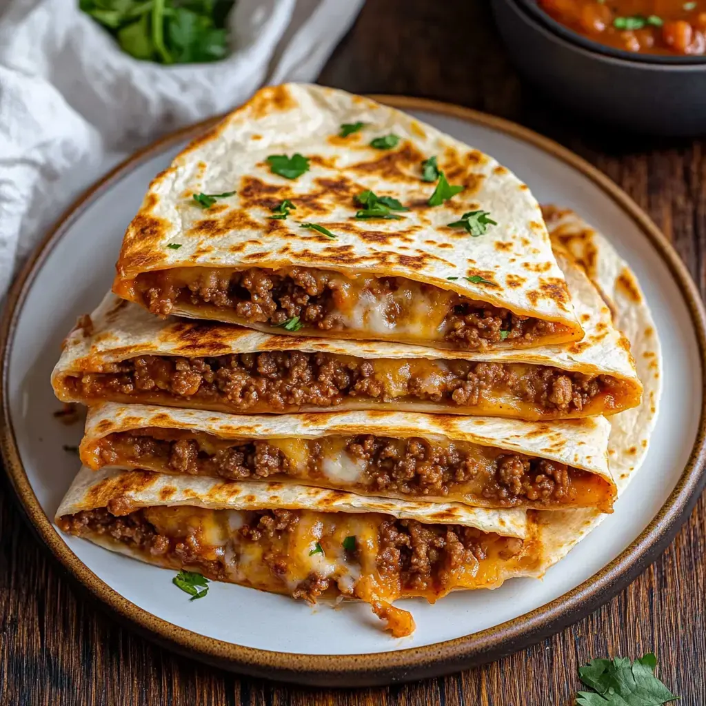 A plate stacked with toasted tortillas filled with seasoned ground beef and melted cheese, garnished with fresh parsley.