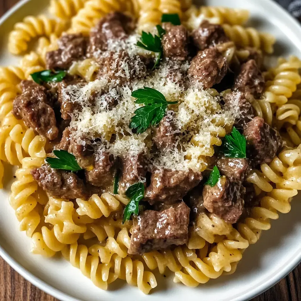 A serving of spiral pasta topped with tender beef pieces, garnished with parsley and grated cheese.