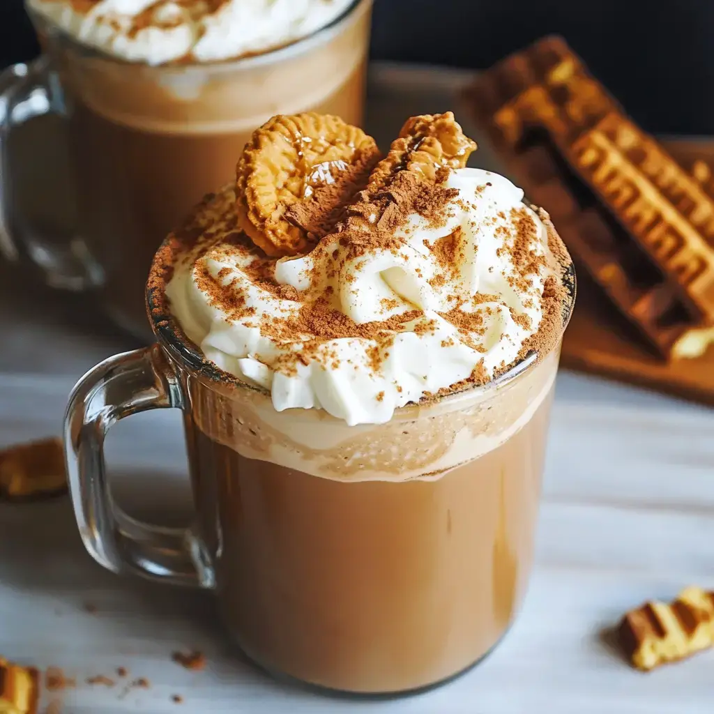 A close-up of a glass of creamy coffee topped with whipped cream, cocoa powder, and a cookie, with a plate of waffles in the background.