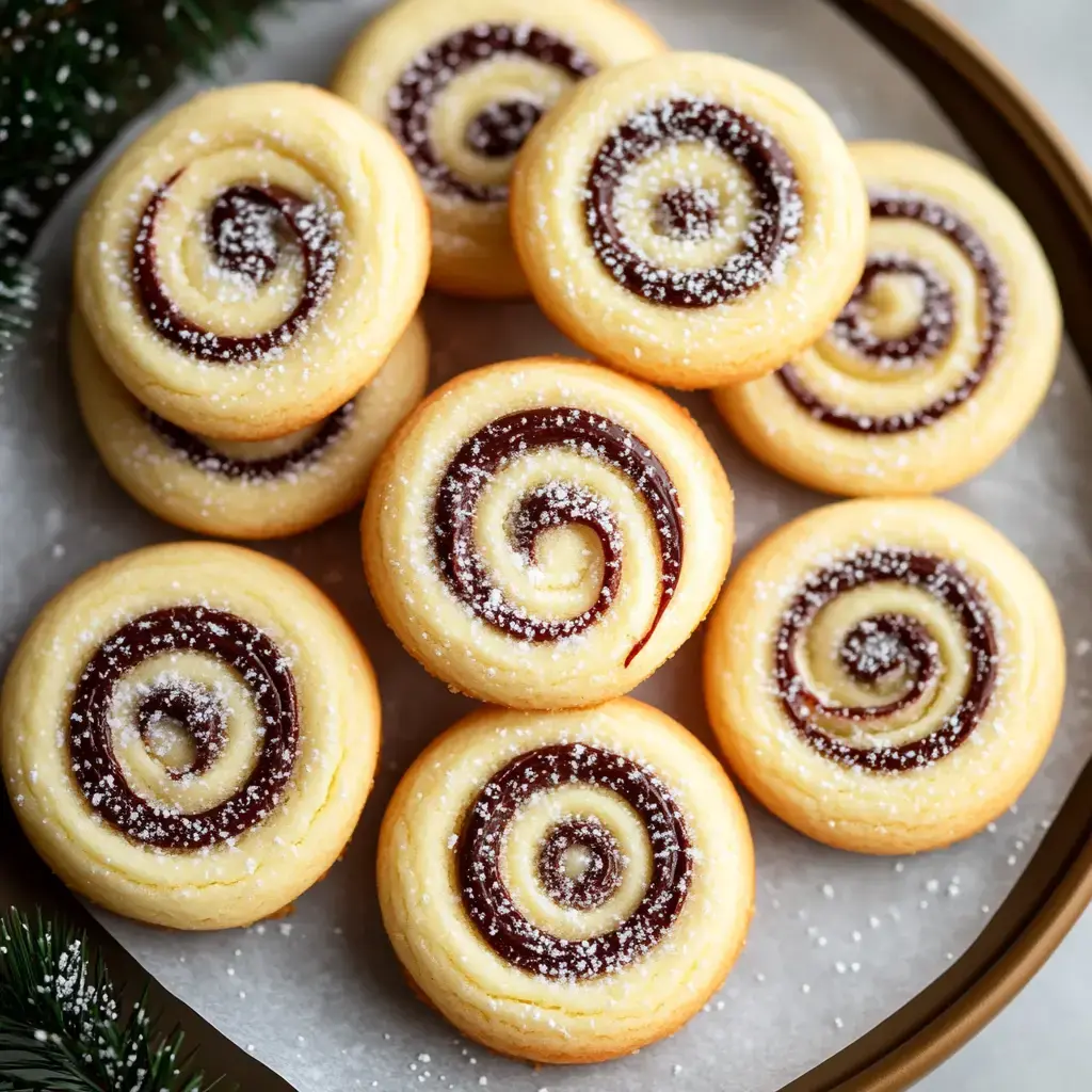 A plate of swirled chocolate cookies dusted with powdered sugar.