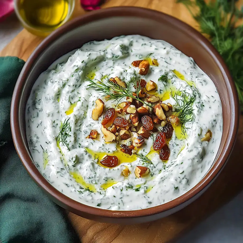 A bowl of creamy yogurt dip garnished with nuts, raisins, and fresh dill, drizzled with olive oil.