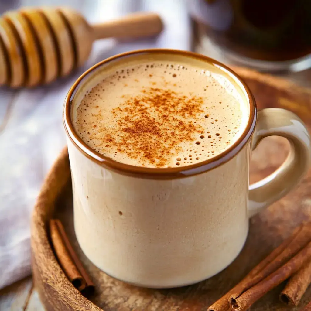 A warm, frothy cup of coffee topped with cinnamon sits on a wooden tray beside sticks of cinnamon and a honey dipper.