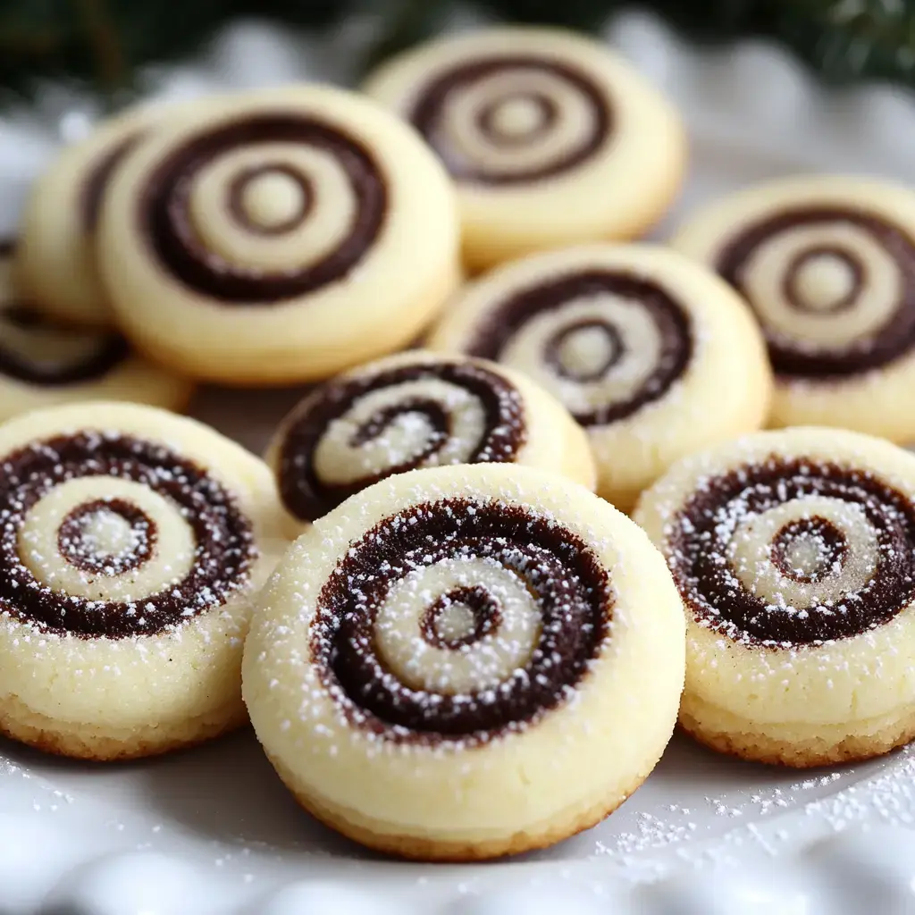 A plate of spiral-shaped cookies with a chocolate filling and powdered sugar on top.