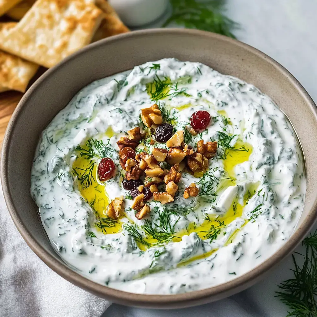 A bowl of creamy yogurt dip garnished with chopped nuts, dried fruits, and fresh herbs, served with crispy crackers on the side.