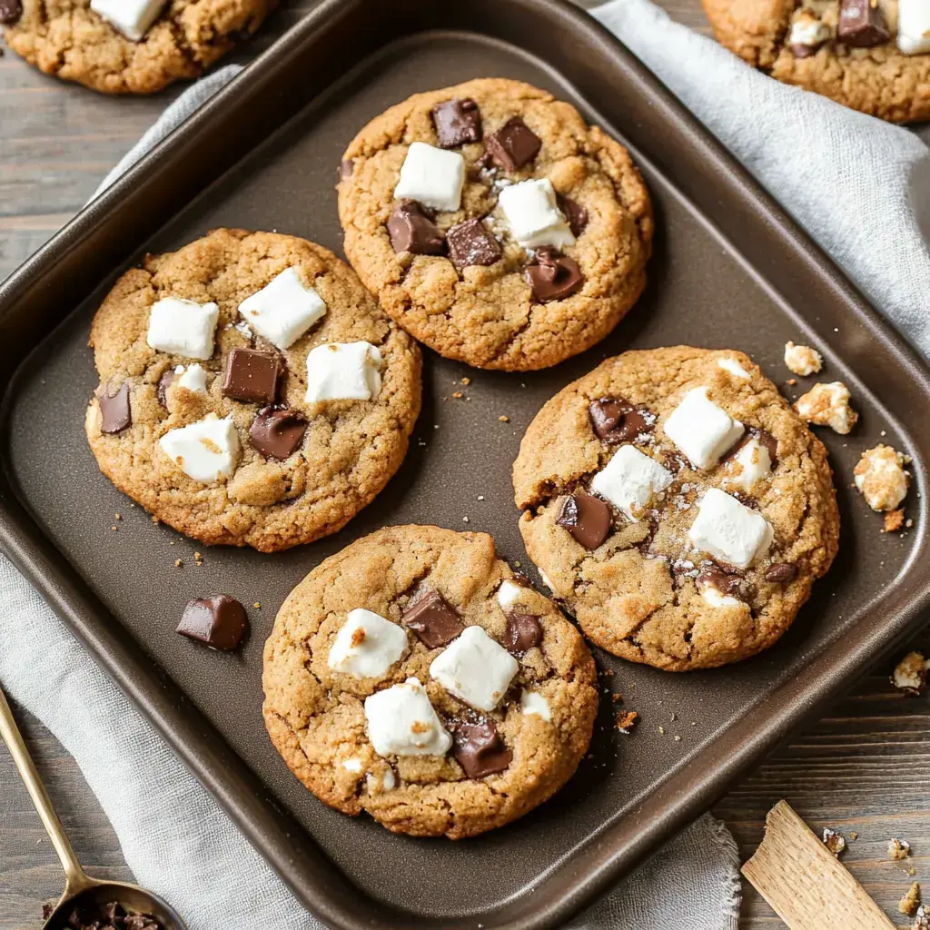 A tray of freshly baked cookies topped with chocolate chunks and marshmallows.