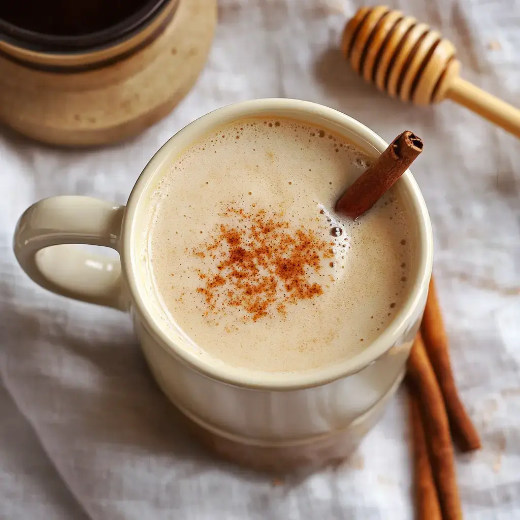 A creamy beverage topped with cinnamon, served in a beige mug with a cinnamon stick and honey dipper in the background.