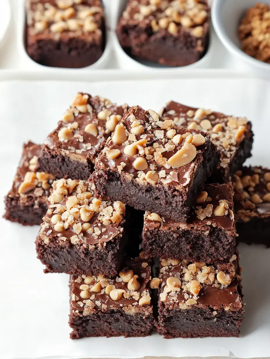 A stack of delicious chocolate brownies topped with crushed nuts and chocolate chips on a white surface.