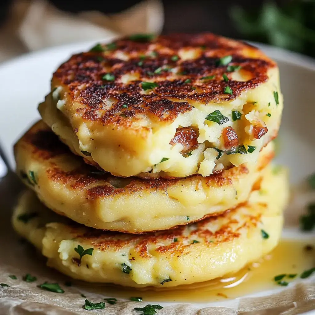 A stack of three golden-brown potato pancakes sprinkled with herbs, served on a plate with a drizzle of syrup.