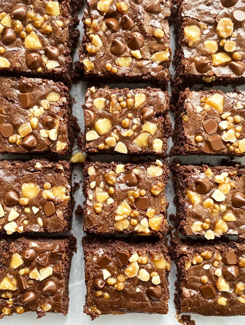 A close-up view of freshly baked brownies topped with chocolate chips and chunks of nuts, neatly cut into squares.