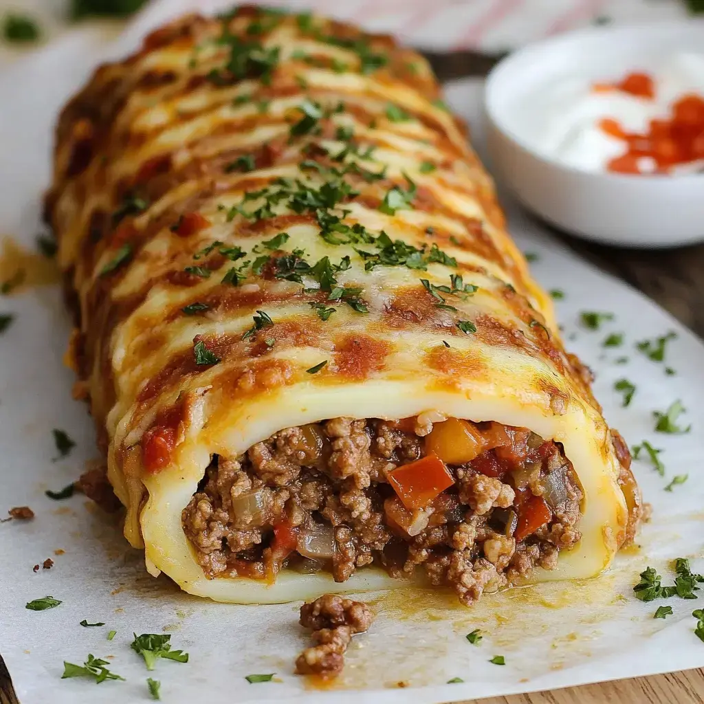 A rolled dish of ground meat and vegetables, topped with melted cheese and garnished with parsley, served with a side of sour cream and sauce.