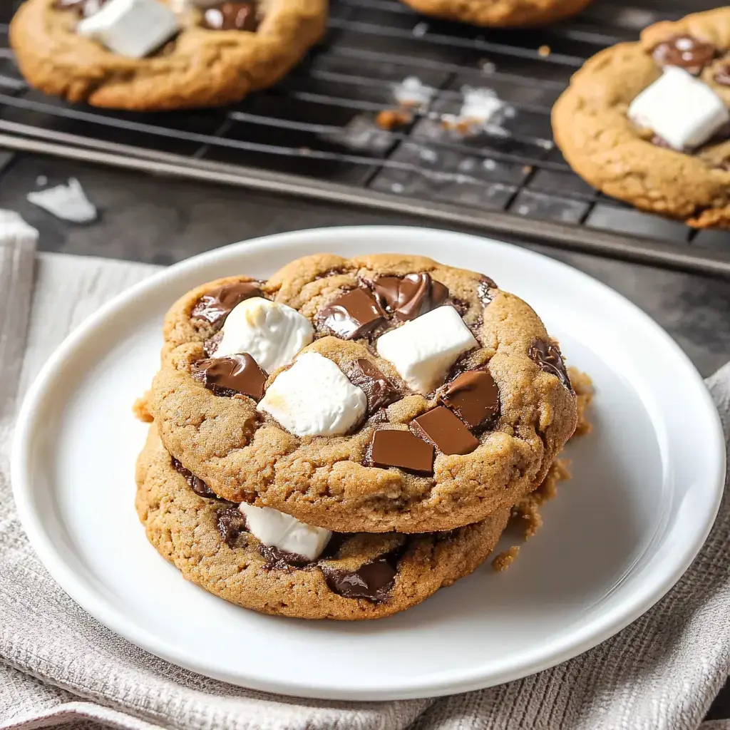 A close-up of two thick, chocolate chip cookies topped with gooey marshmallows, served on a white plate.