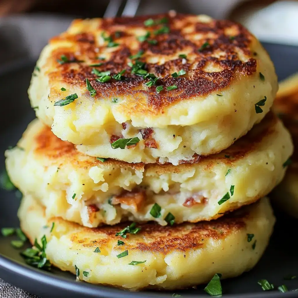 A stack of three golden-brown potato pancakes garnished with chopped parsley on a dark plate.