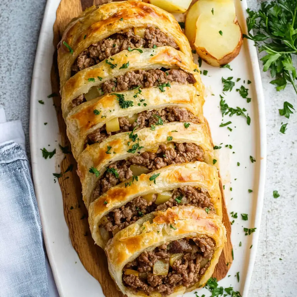 A golden-brown meat pie is sliced to reveal a filling of ground beef and potatoes, garnished with fresh parsley, on a wooden serving board.