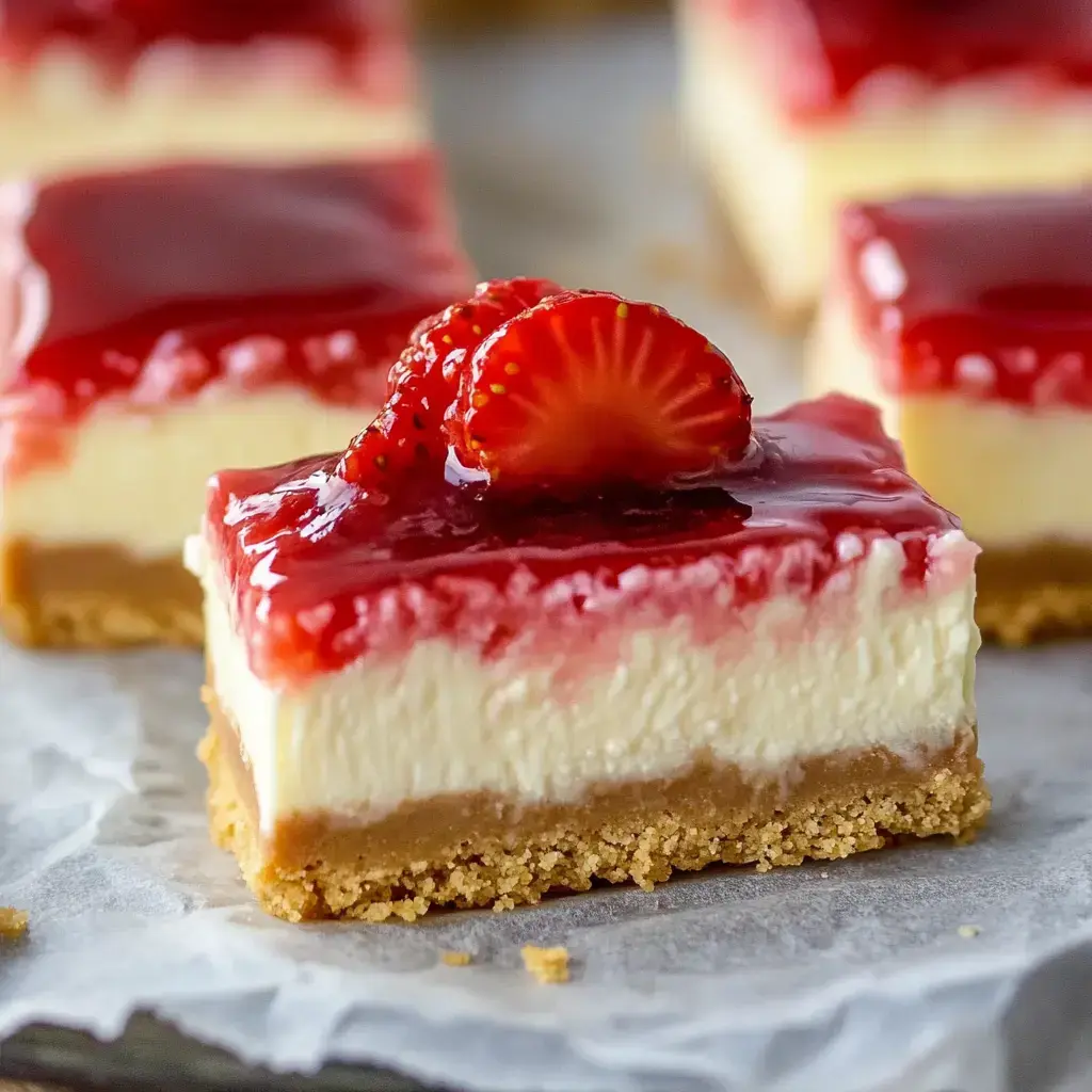 A close-up of a slice of cheesecake topped with red strawberry glaze and a fresh strawberry, resting on parchment paper.